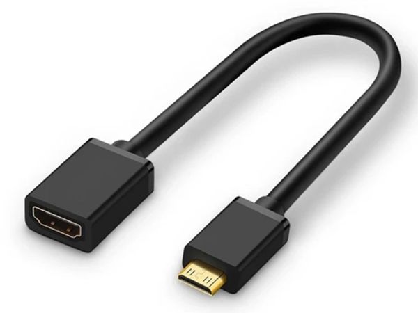 Mini HDMI to HDMI Adapter allowing small form factor desktops computers, laptops and cameras to be connected to monitors, televisions and projectors