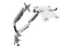 Two Monitor Desktop Mount with Articulating Height Adjustable Arms and Laptop Tray Attachment