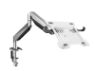 Height adjustable, articulating arm laptop mount with removable bracket for use with monitors.